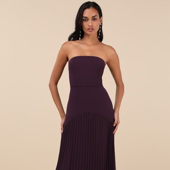 Lulus Celebratory Aesthetic Dark Purple Pleated Strapless Maxi Dress - Size S - Picture 1 of 5